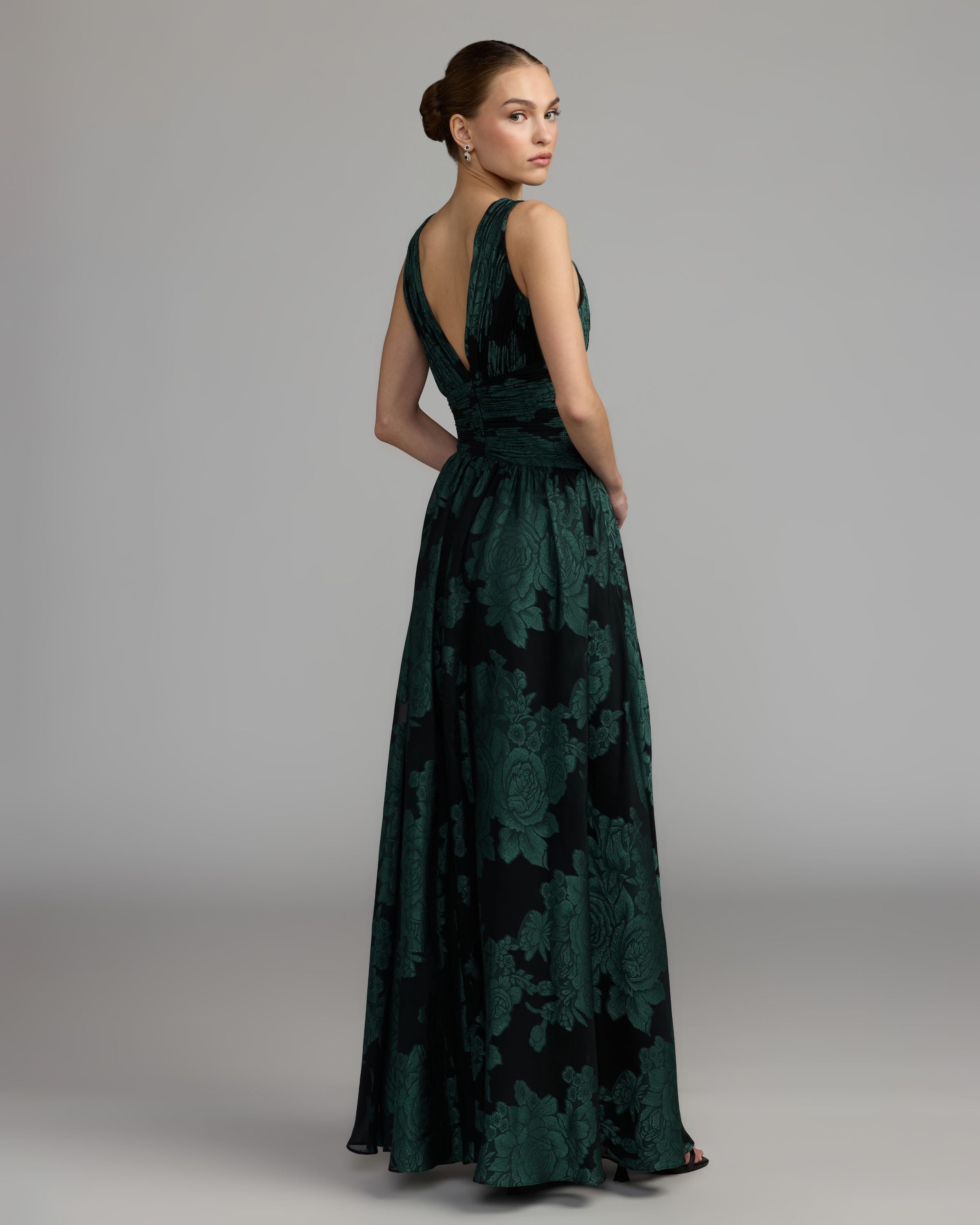 Emerald Floral Sleeveless Plunge Neck Gown
