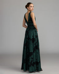Emerald Floral Sleeveless Plunge Neck Gown