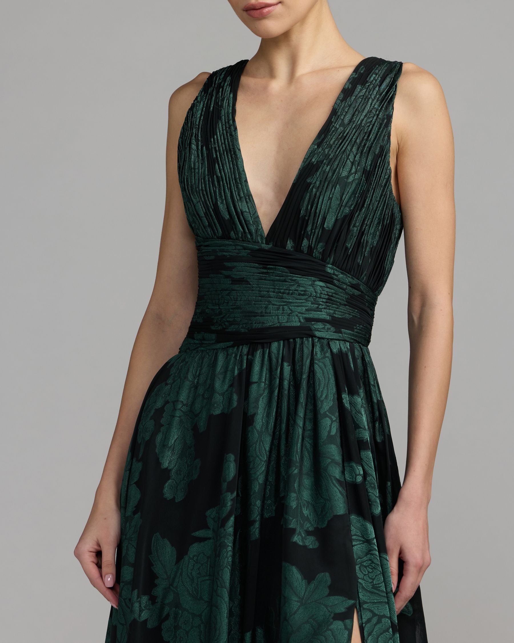Emerald Floral Sleeveless Plunge Neck Gown