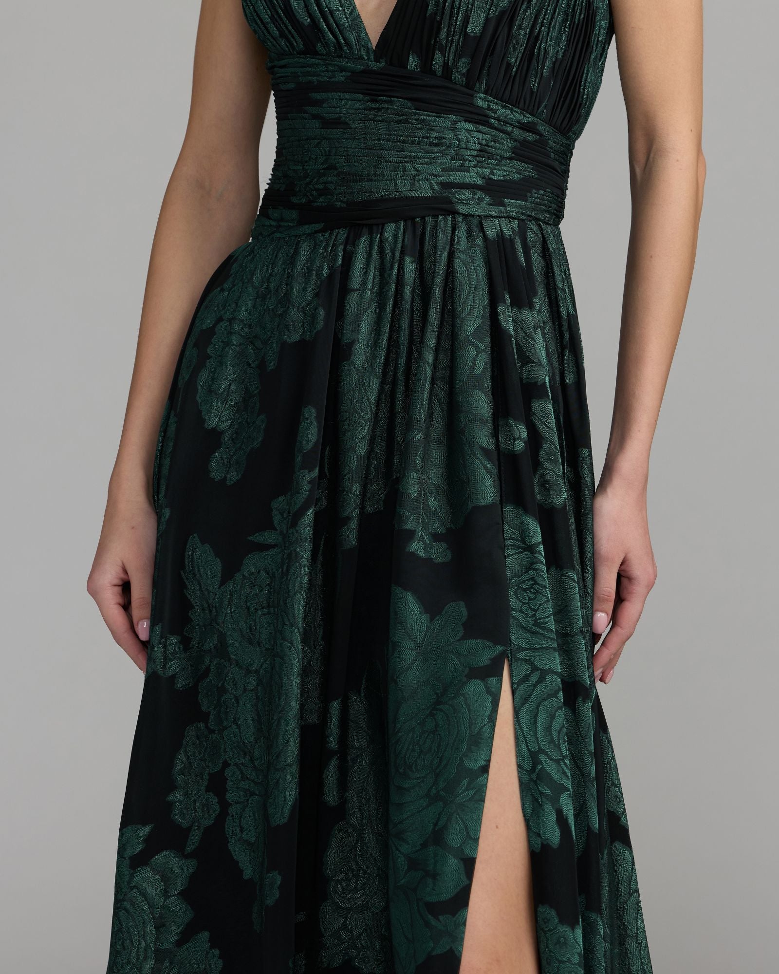 Emerald Floral Sleeveless Plunge Neck Gown