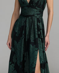 Emerald Floral Sleeveless Plunge Neck Gown