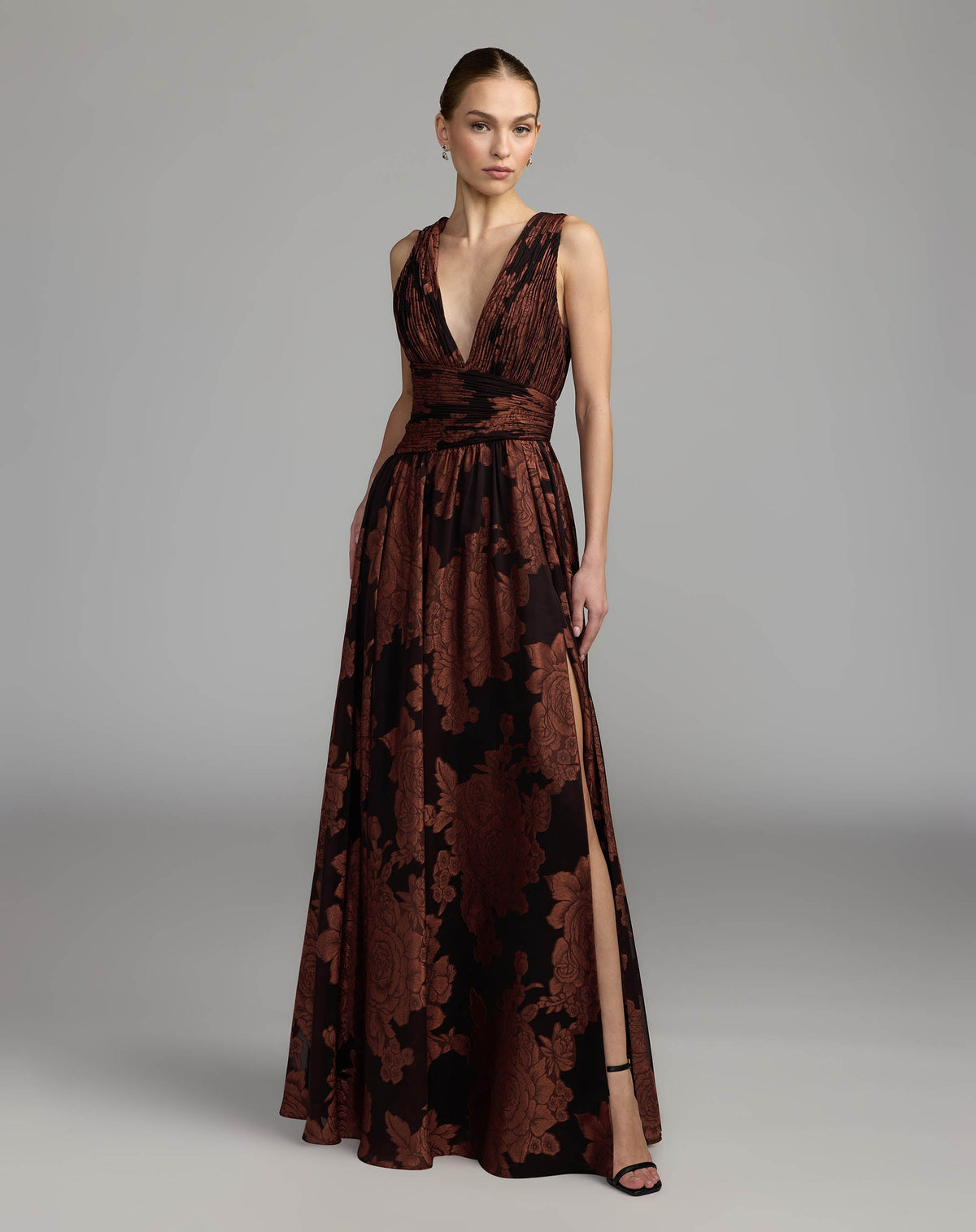 Brown Floral Sleeveless Plunge Neck Gown