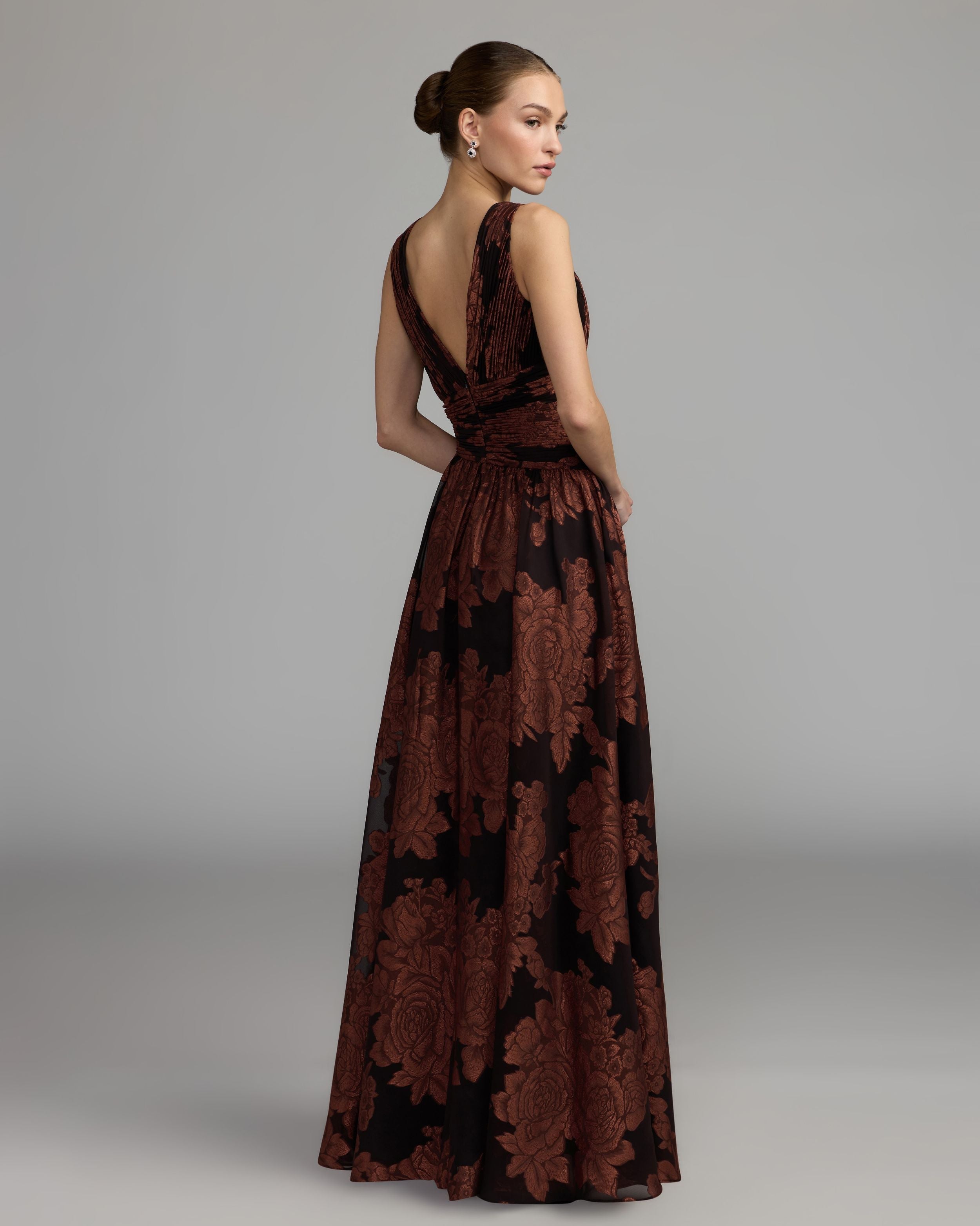 Brown Floral Sleeveless Plunge Neck Gown