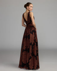 Brown Floral Sleeveless Plunge Neck Gown