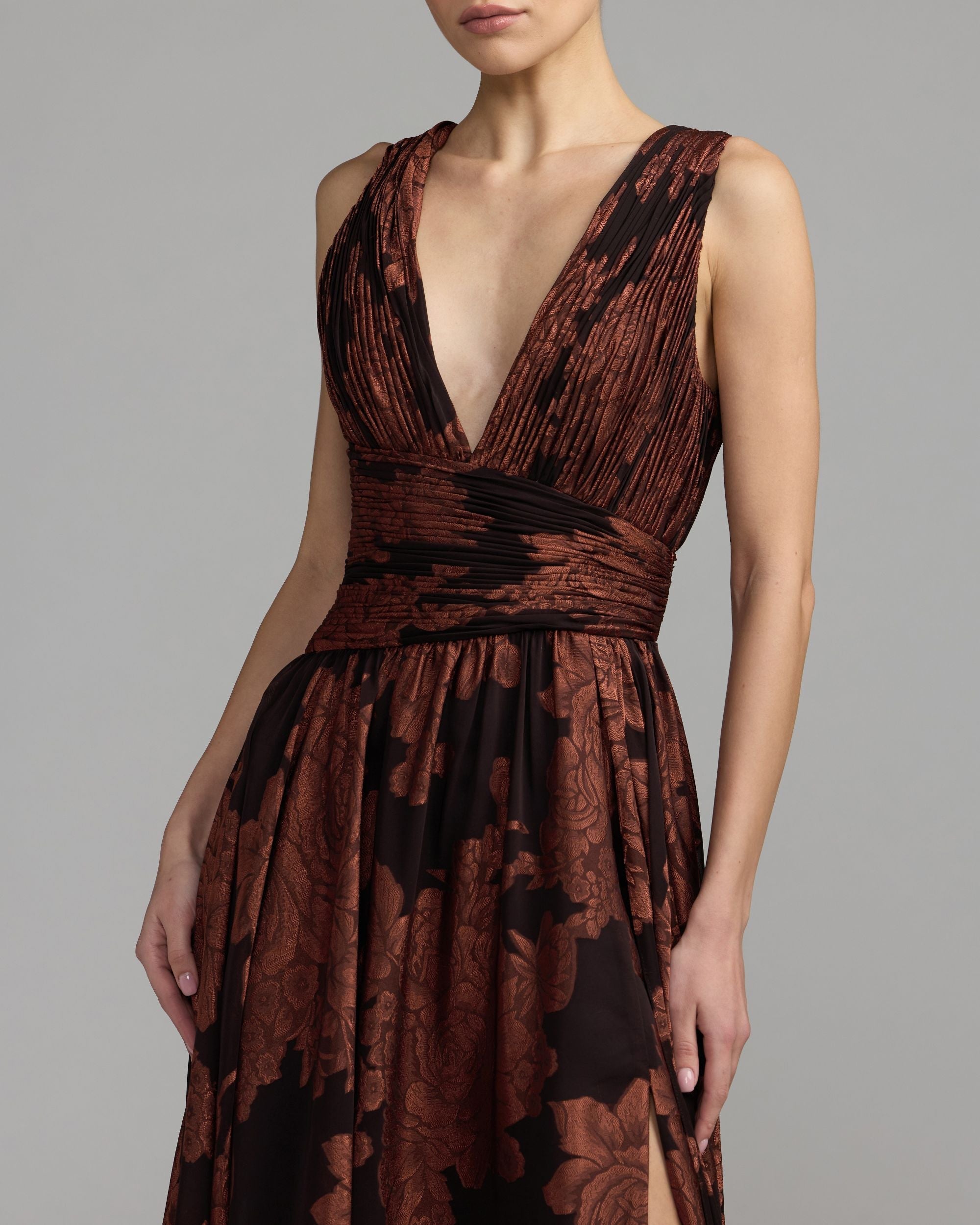 Brown Floral Sleeveless Plunge Neck Gown