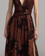 Brown Floral Sleeveless Plunge Neck Gown