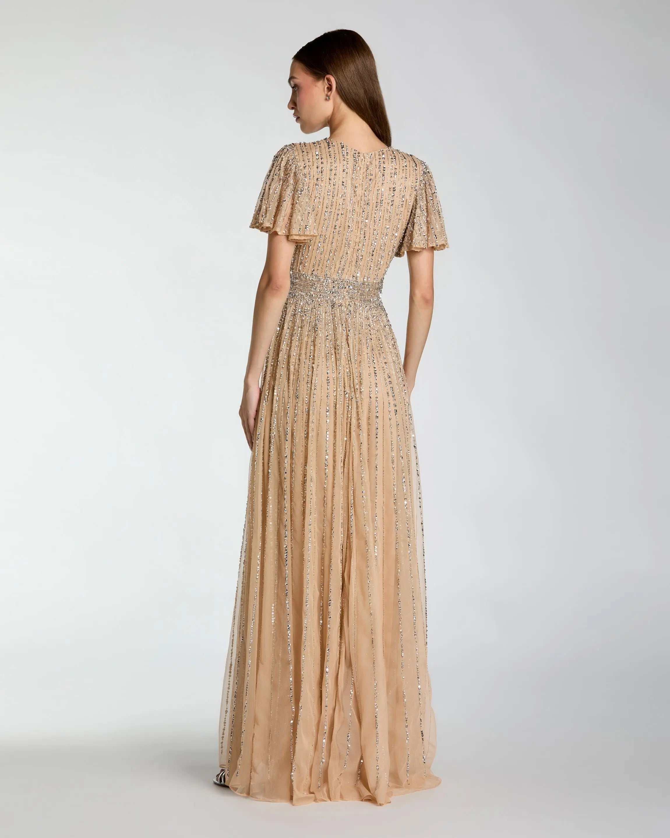 Beige Sequin V-Neck Flutter Sleeve Gown