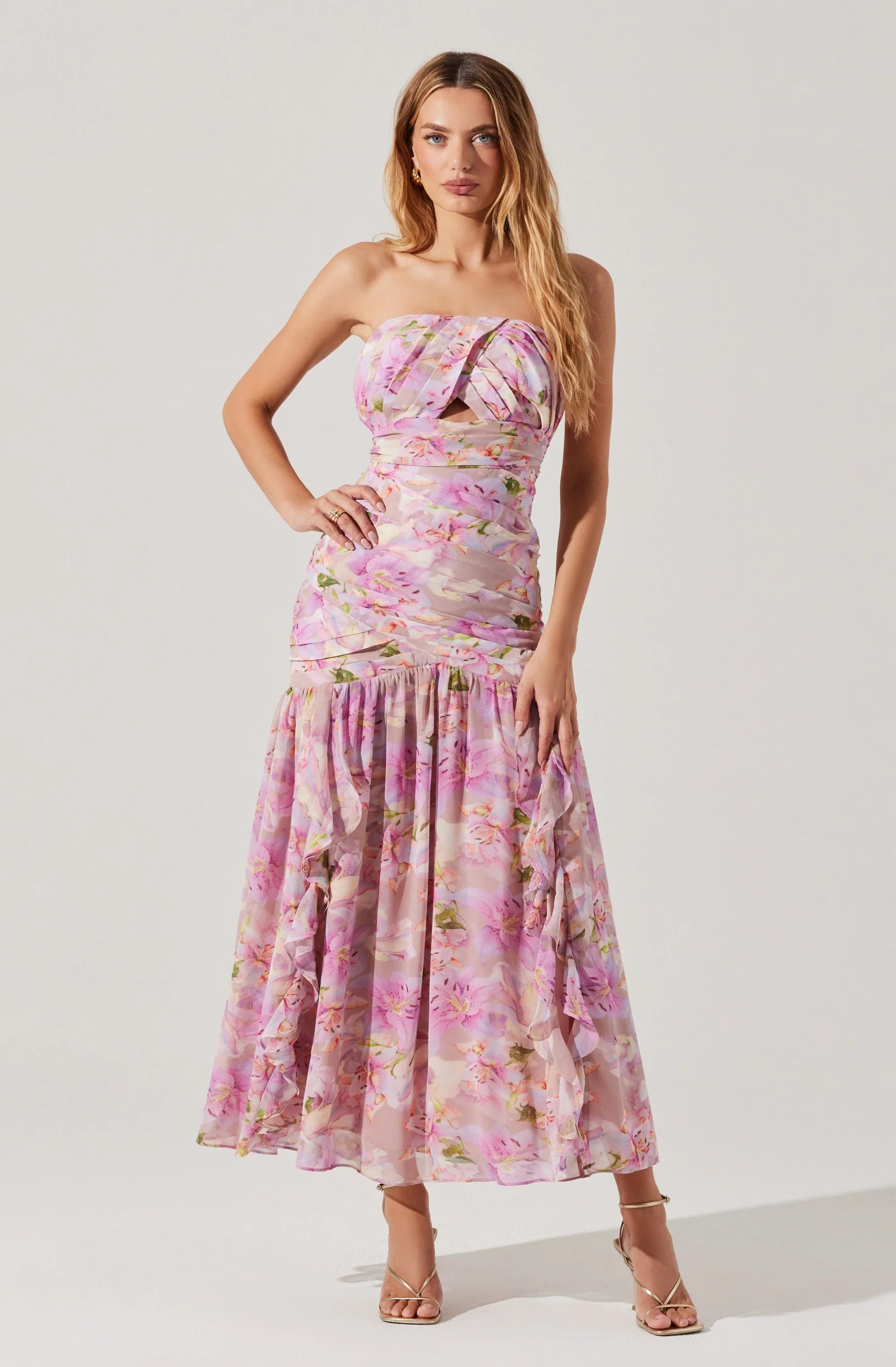 Lbruh Estefany Strapless Pleated Floral Maxi Dress