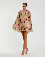Beige Floral Embellished Cape Mini Dress