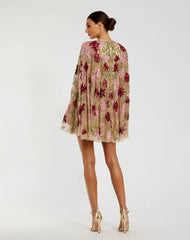 Beige Floral Embellished Cape Mini Dress