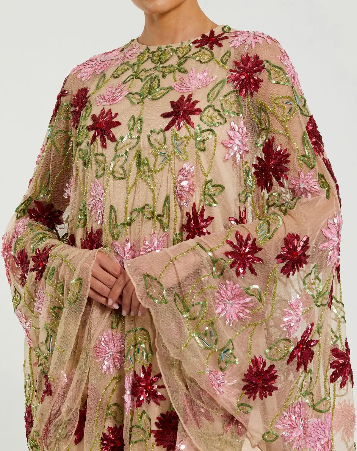 Beige Floral Embellished Cape Mini Dress