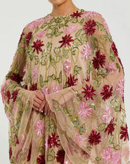 Beige Floral Embellished Cape Mini Dress