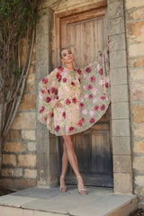 Beige Floral Embellished Cape Mini Dress