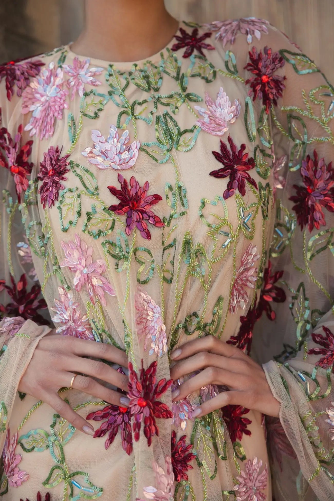 Beige Floral Embellished Cape Mini Dress