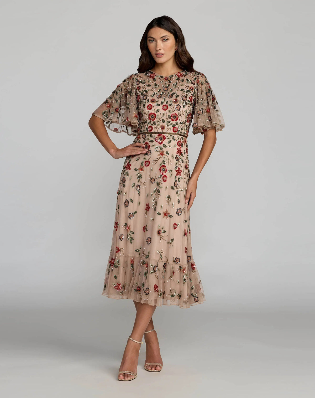 Beige Floral Embellished Flutter Sleeve Midi Dress
