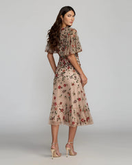 Beige Floral Embellished Flutter Sleeve Midi Dress