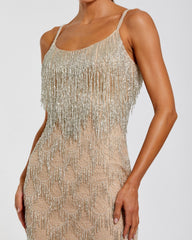 Nude Beaded Fringe Column Maxi Dress
