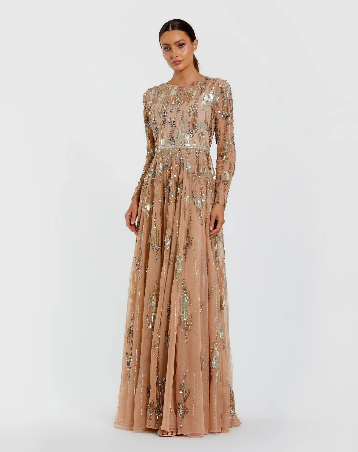 Long Sleeve Sequin Embellished Gown