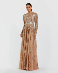 Long Sleeve Sequin Embellished Gown
