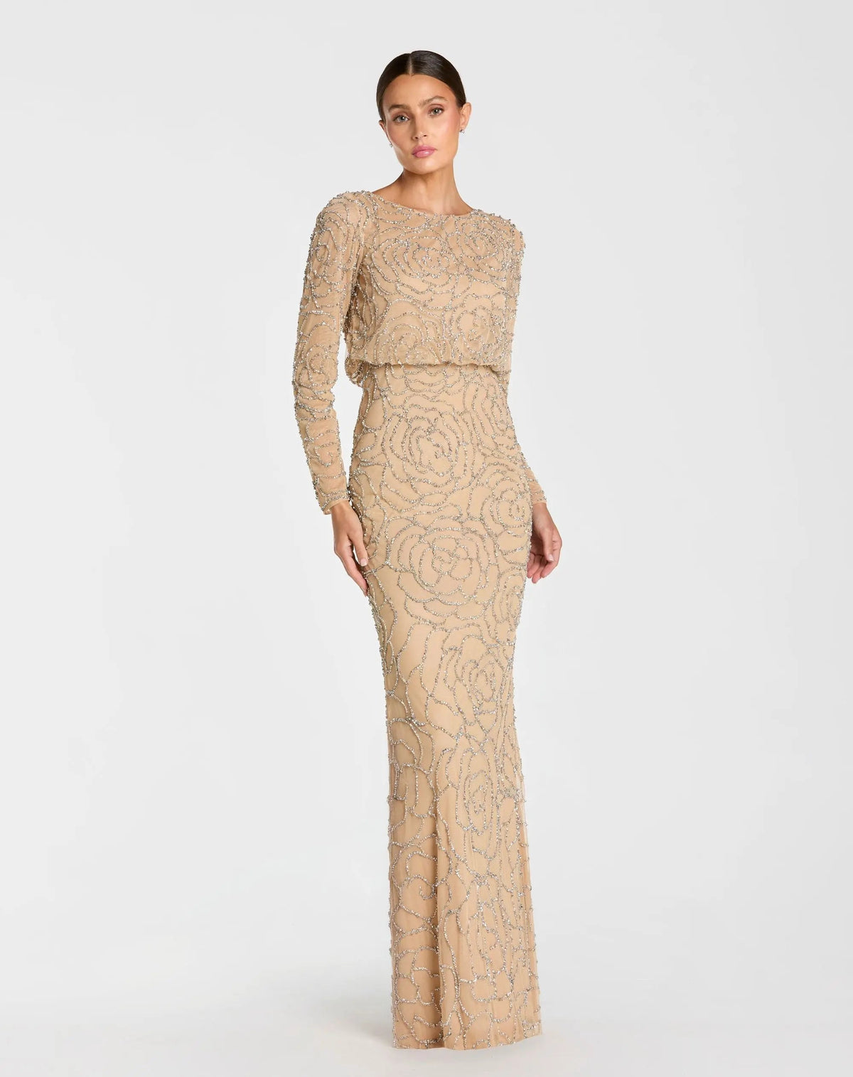 Long Sleeve Beaded Blouson Gown