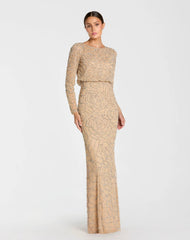 Long Sleeve Beaded Blouson Gown