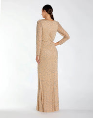 Beige Long Sleeve Beaded Blouson Gown