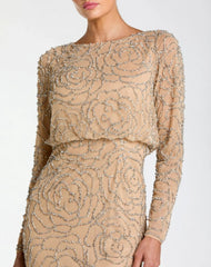 Beige Long Sleeve Beaded Blouson Gown
