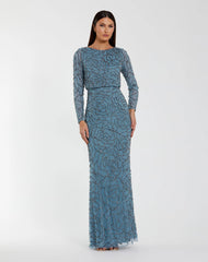 Long Sleeve Beaded Blouson Gown