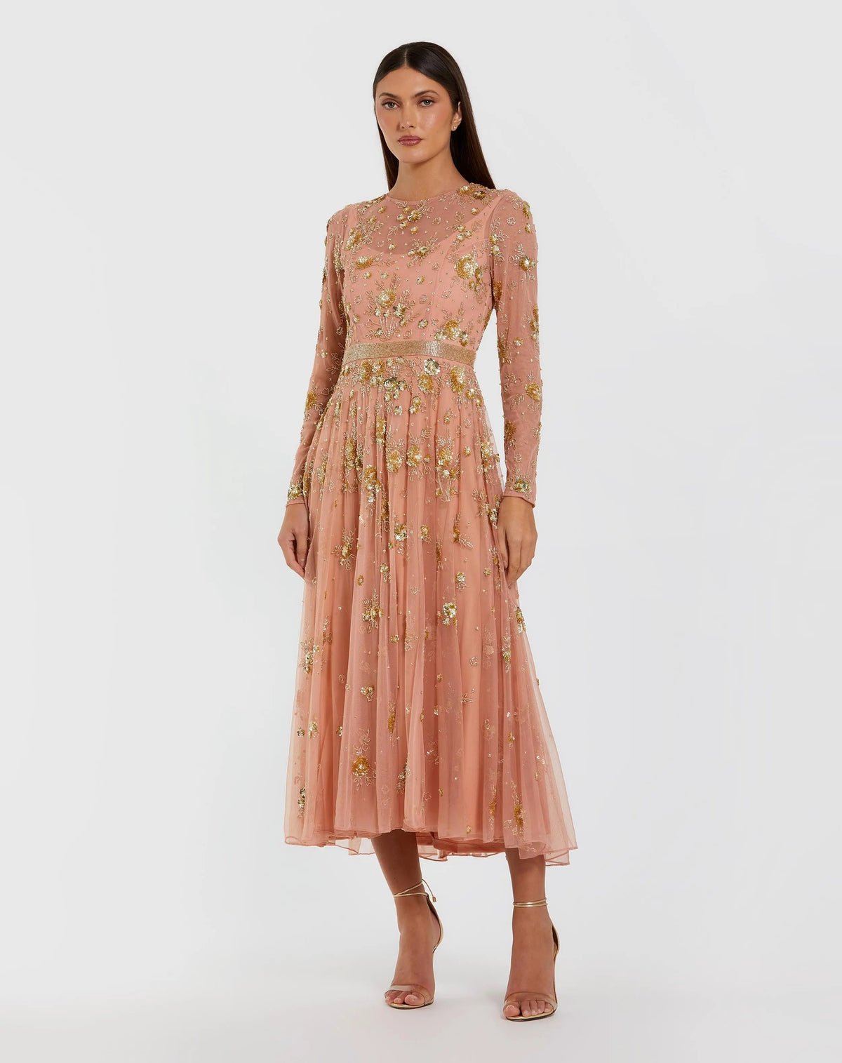 Beige Beaded Long Sleeve A Line Midi Dress