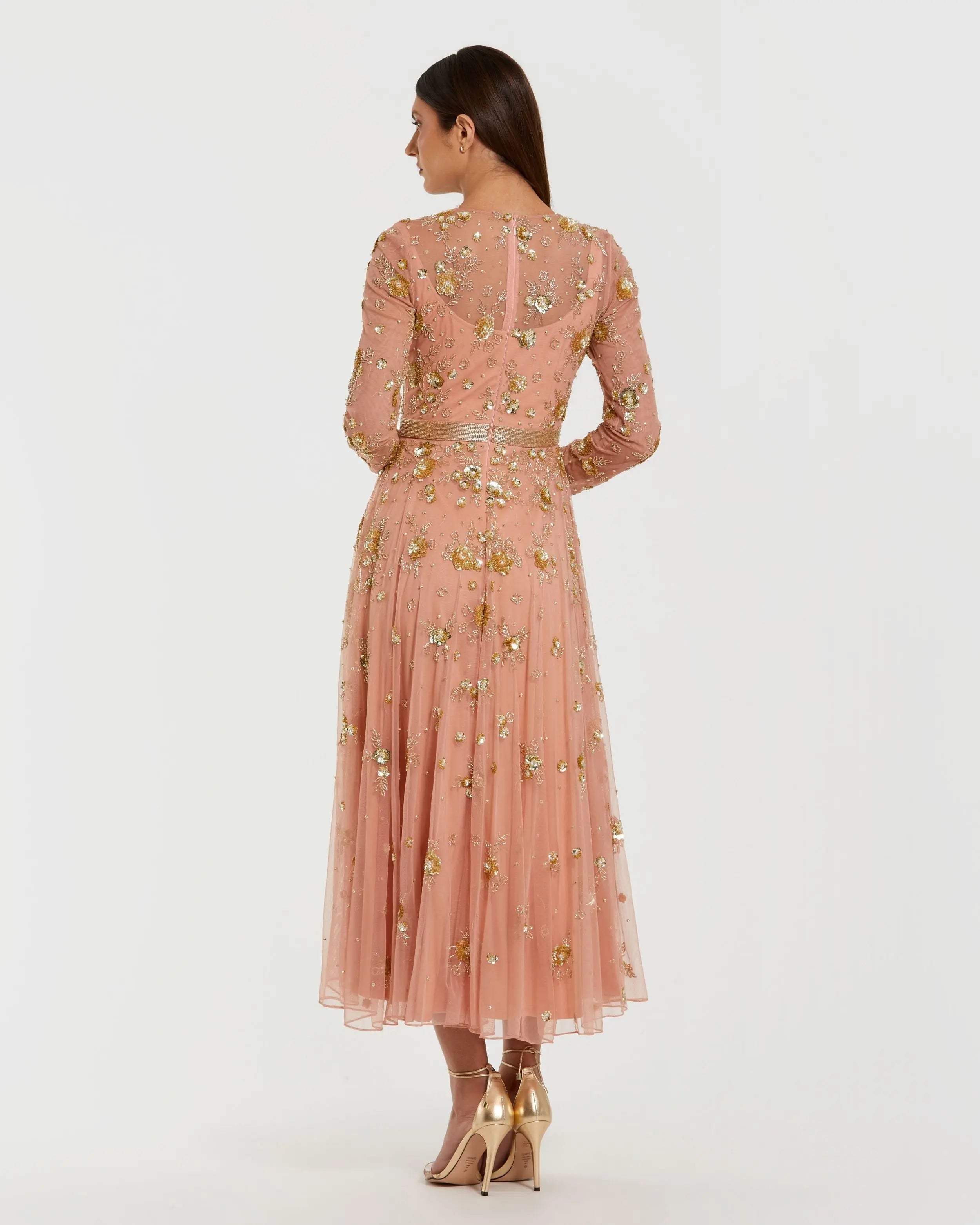 Beige Beaded Long Sleeve A Line Midi Dress