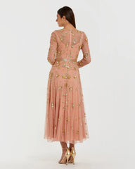 Beige Beaded Long Sleeve A Line Midi Dress