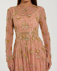 Beige Beaded Long Sleeve A Line Midi Dress
