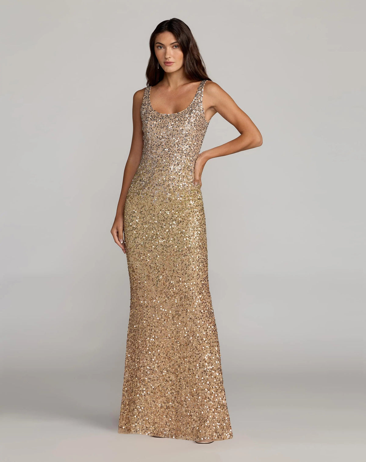 Gold Sequin Scoop Neck Column Gown