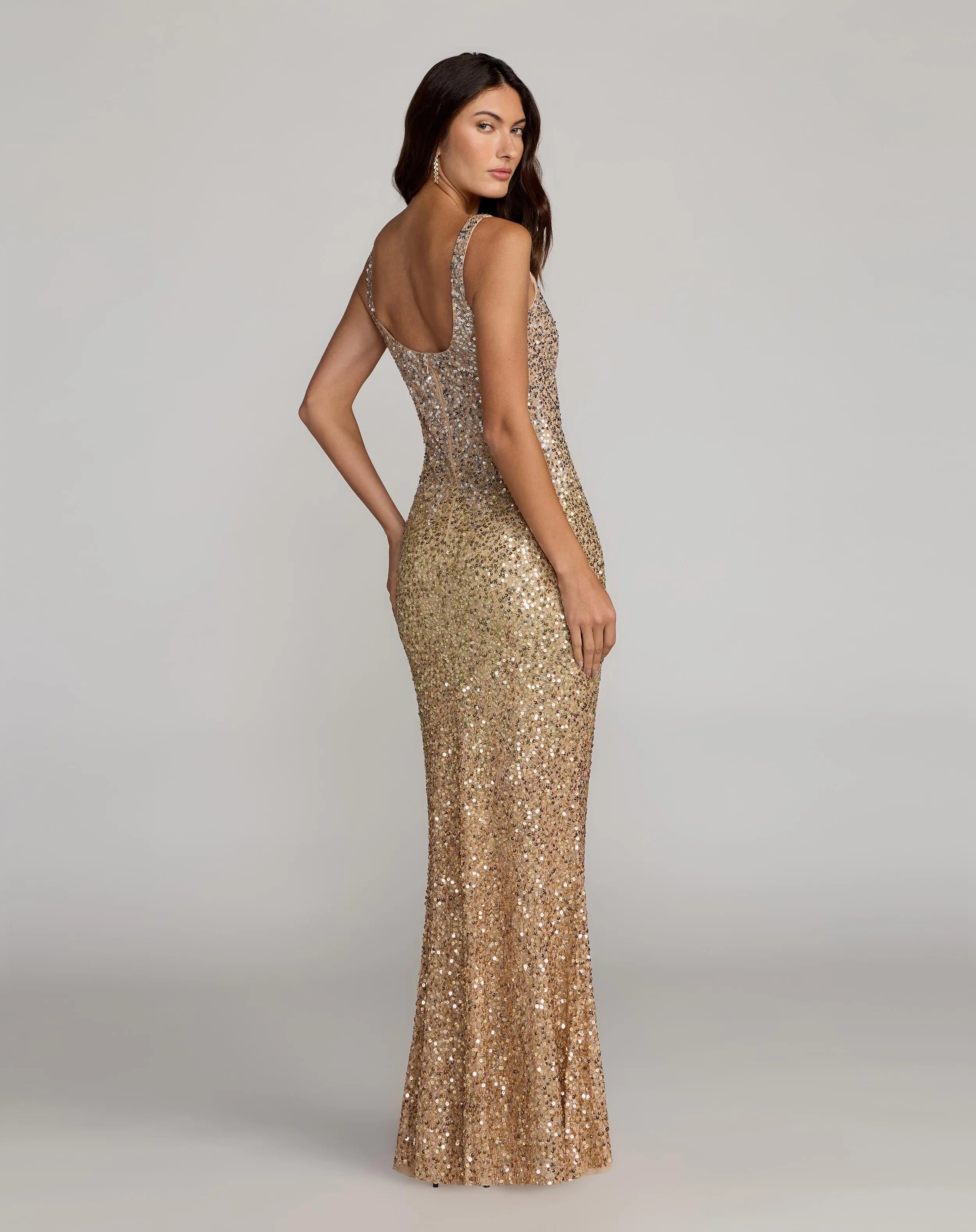 Gold Sequin Scoop Neck Column Gown
