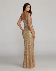 Gold Sequin Scoop Neck Column Gown