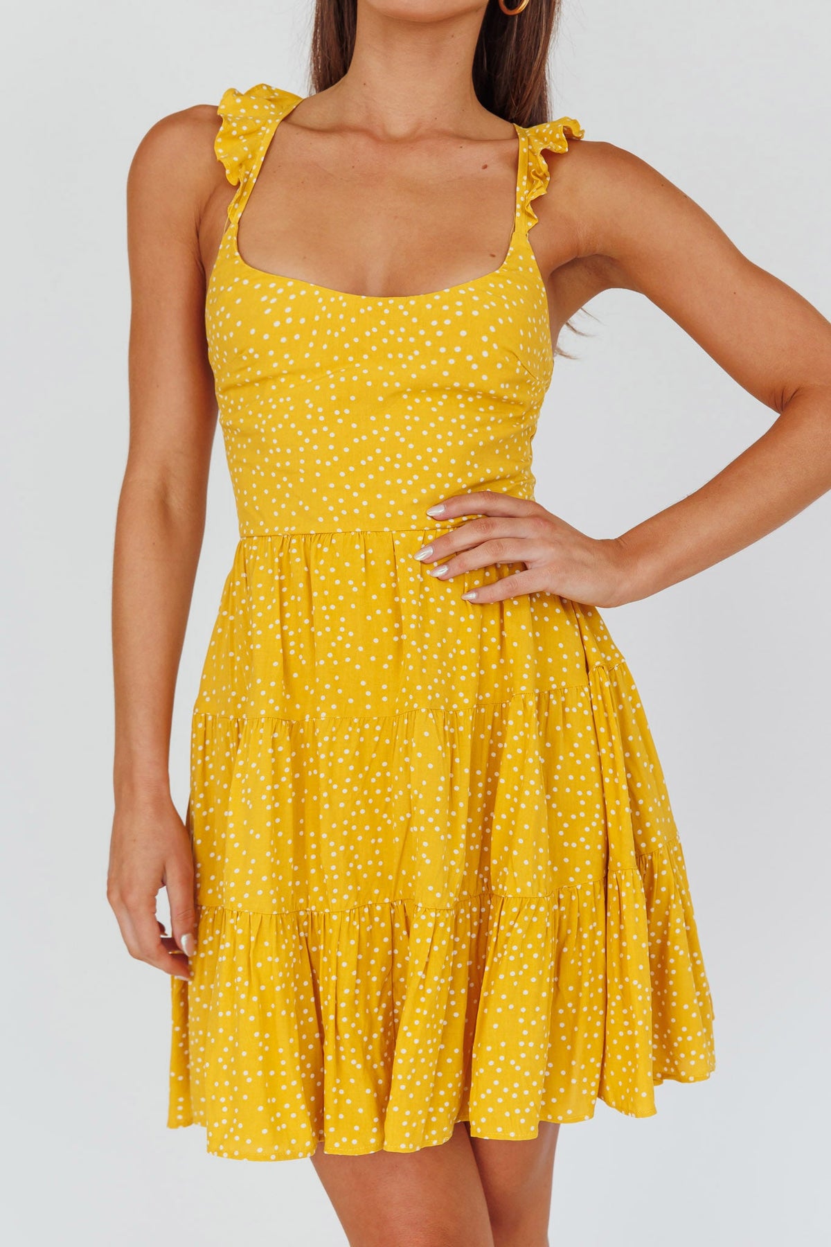 Allegra Fluted Hem Lace-Up Back Dress Yellow