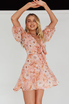 Madison Bow Tie Bust Puff Sleeve Dress Flowers Orange