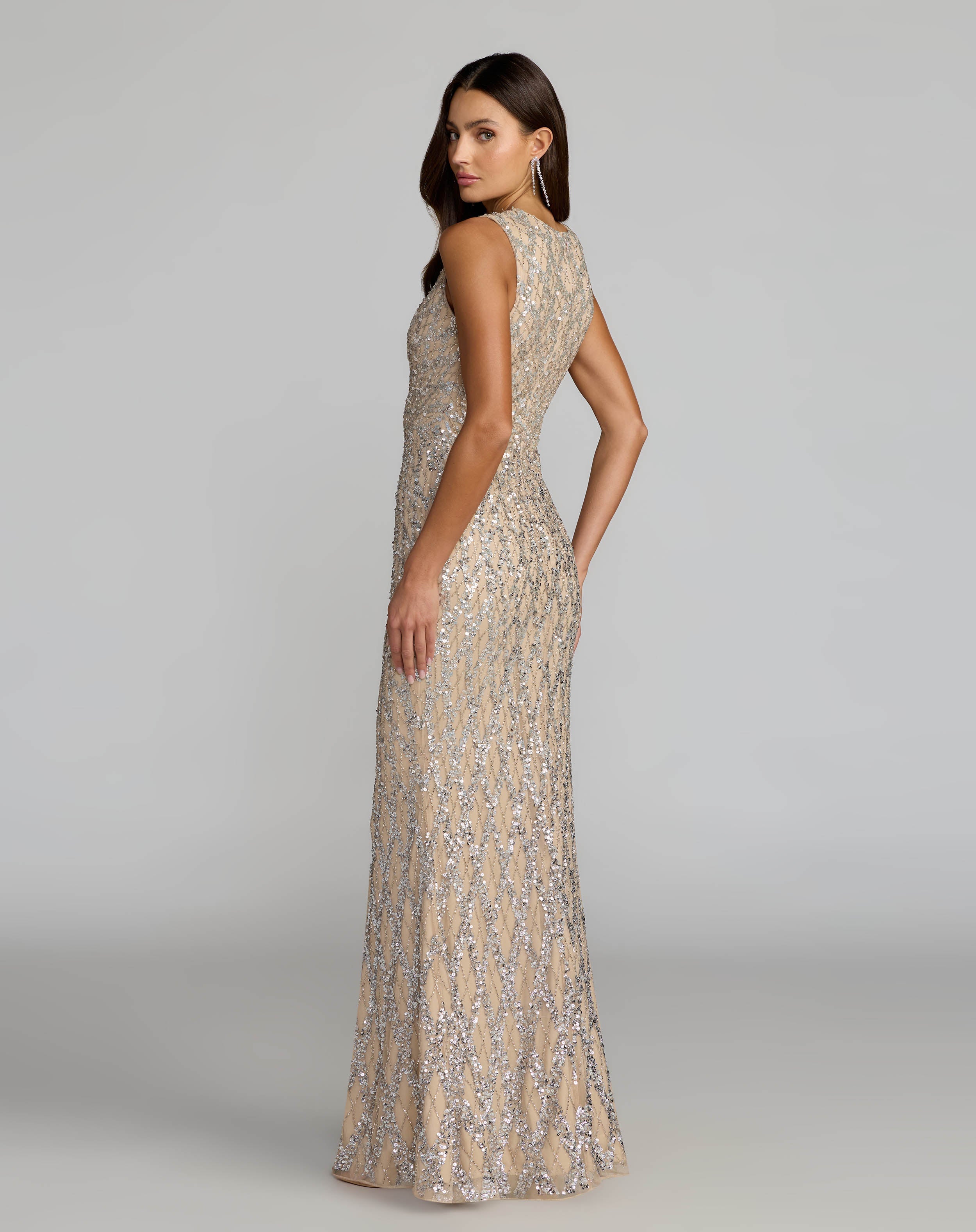 Nude Sleeveless Beaded Column Gown