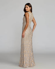 Nude Sleeveless Beaded Column Gown