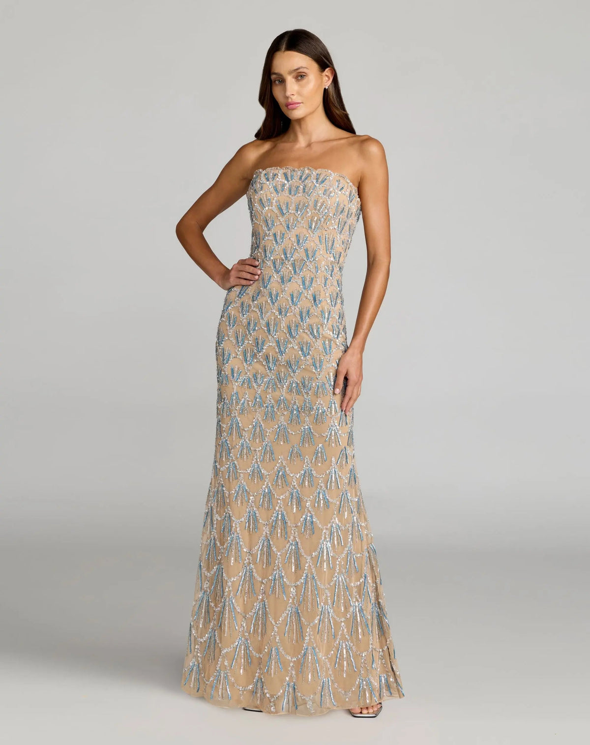 Beige Hand Embellished Strapless Evening Gown