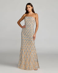 Beige Hand Embellished Strapless Evening Gown