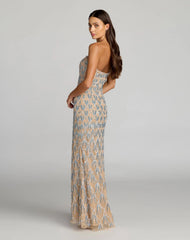 Beige Hand Embellished Strapless Evening Gown
