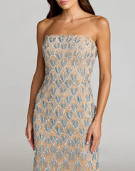 Beige Hand Embellished Strapless Evening Gown