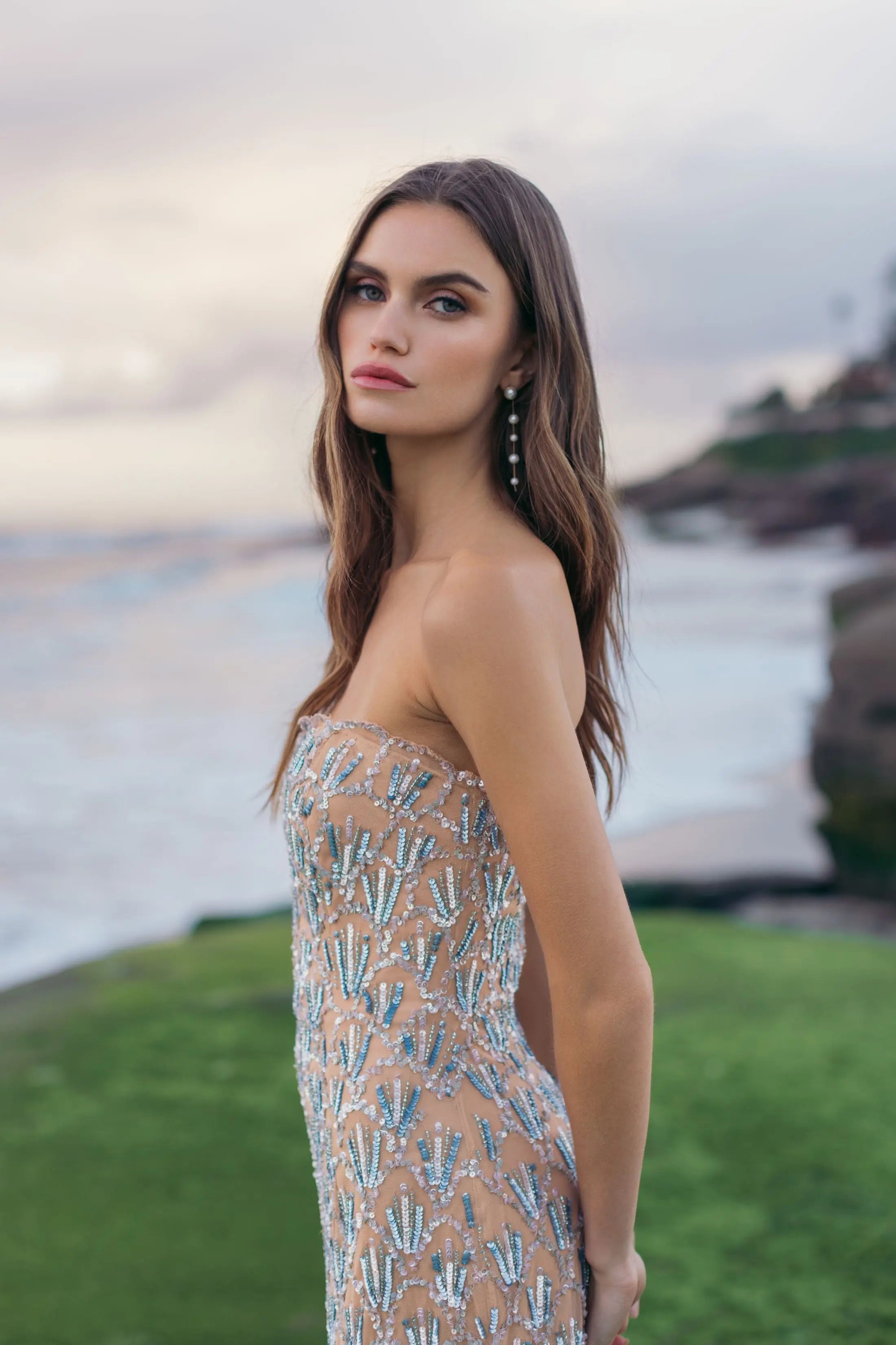 Beige Hand Embellished Strapless Evening Gown