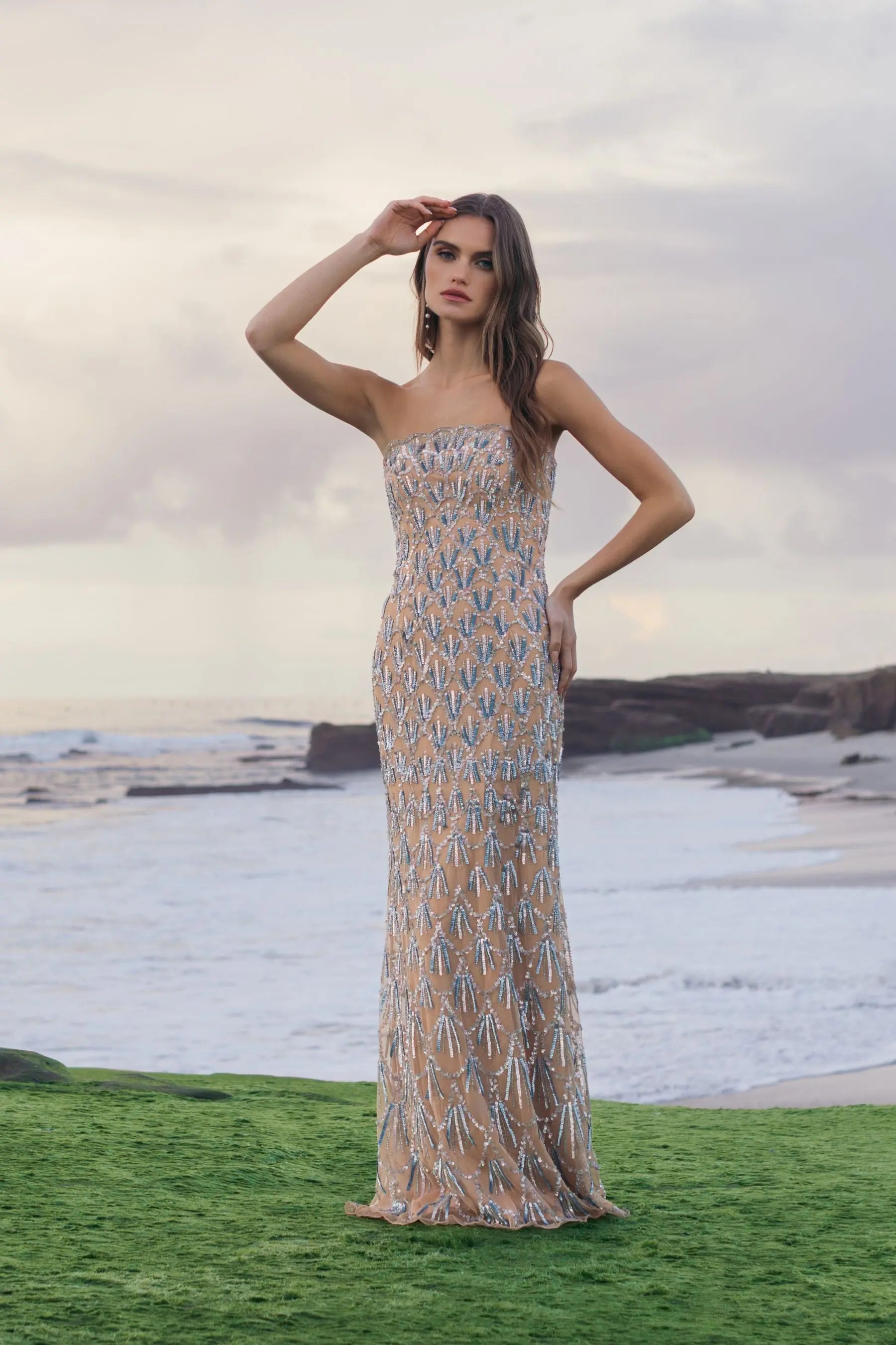 Beige Hand Embellished Strapless Evening Gown