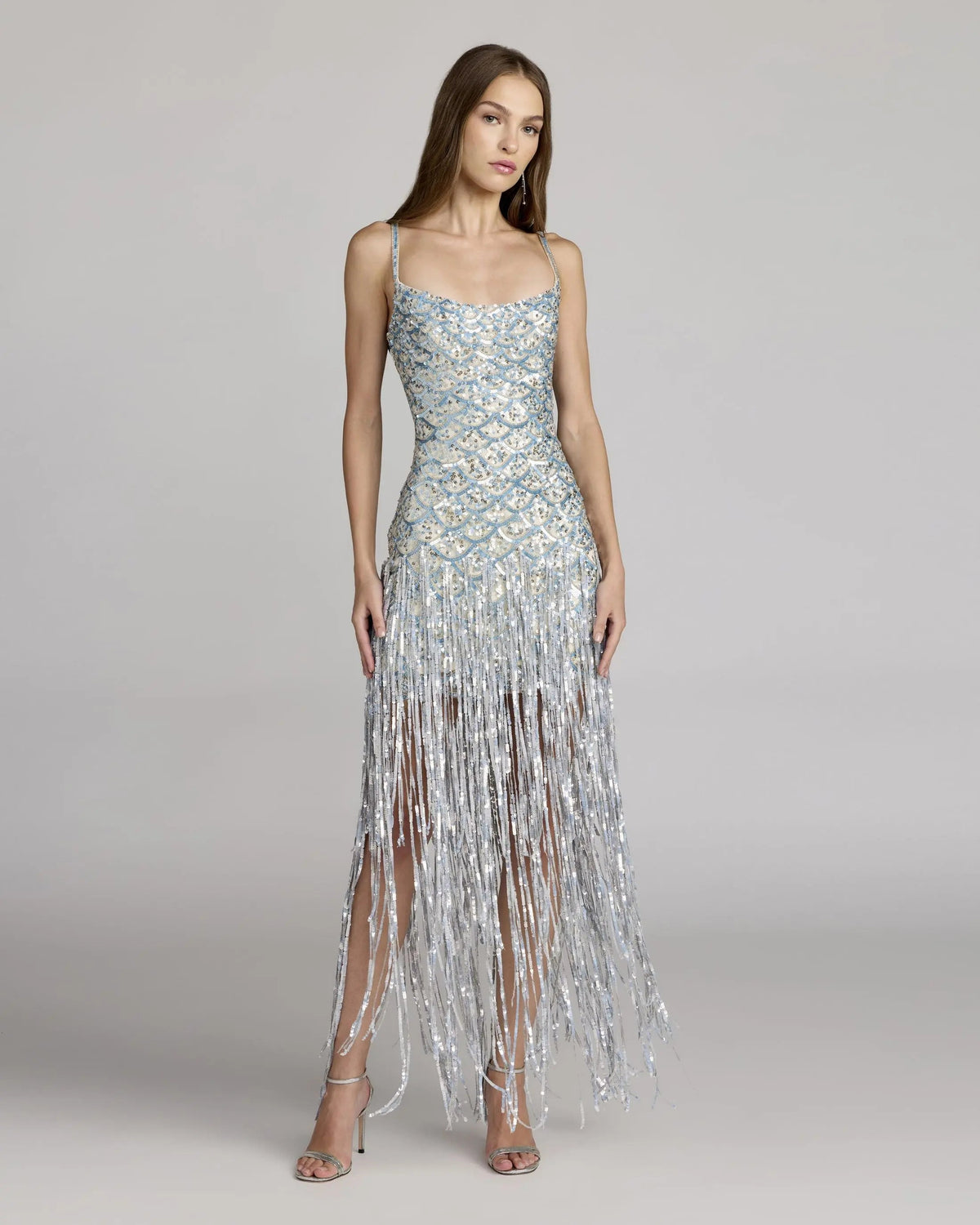 Blue Silver Sequin Fringe Midi Dress