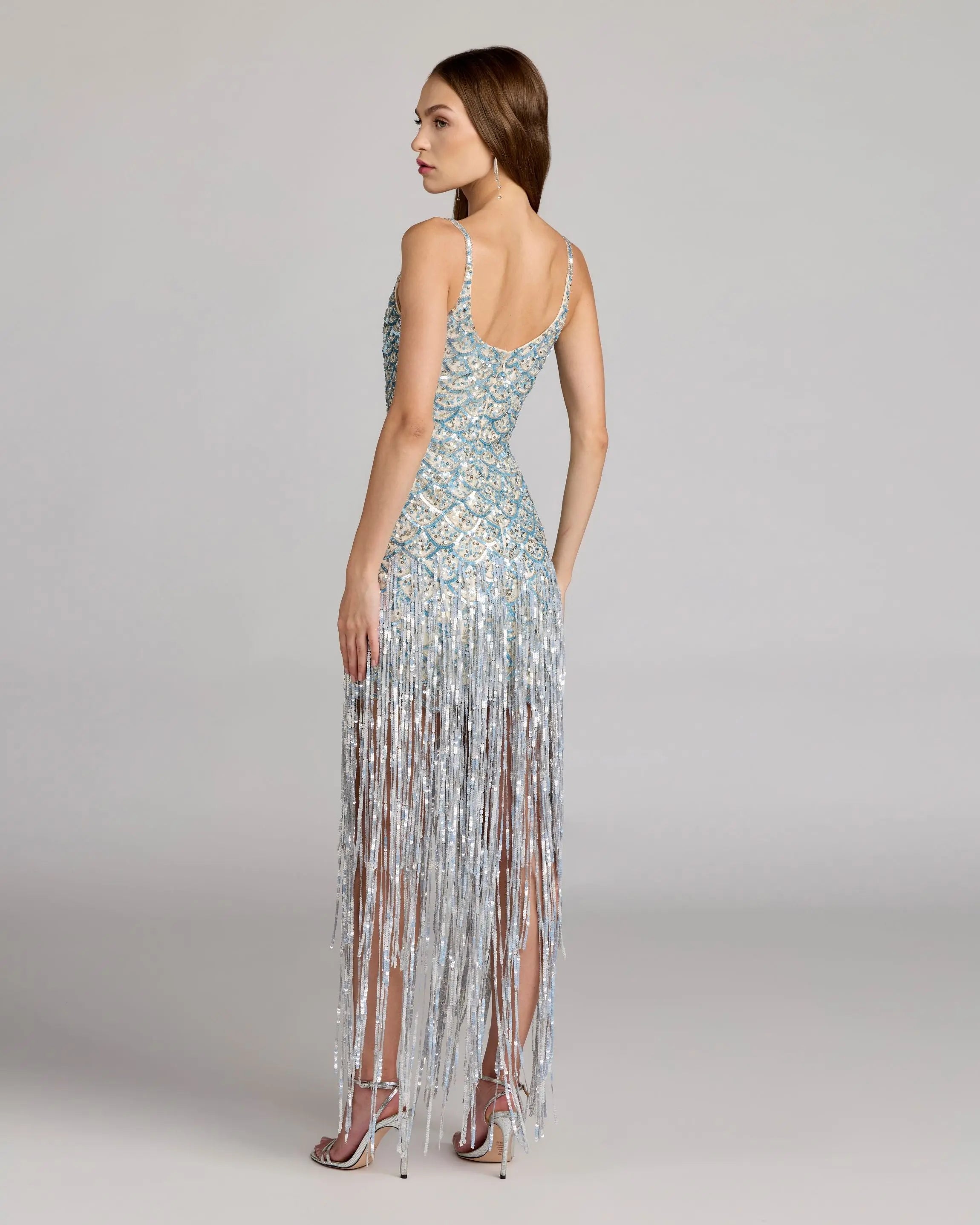 Blue Silver Sequin Fringe Midi Dress