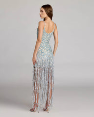 Blue Silver Sequin Fringe Midi Dress