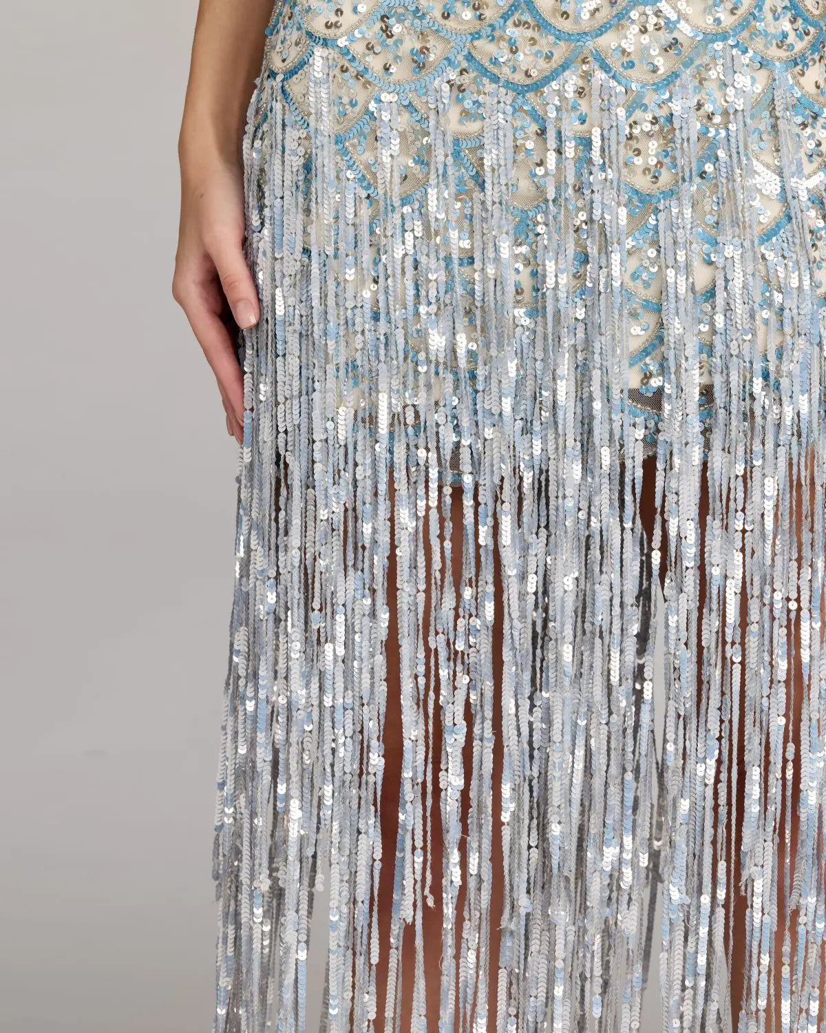 Blue Silver Sequin Fringe Midi Dress