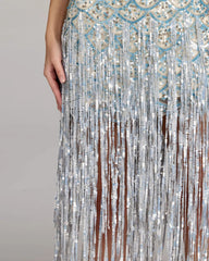 Blue Silver Sequin Fringe Midi Dress